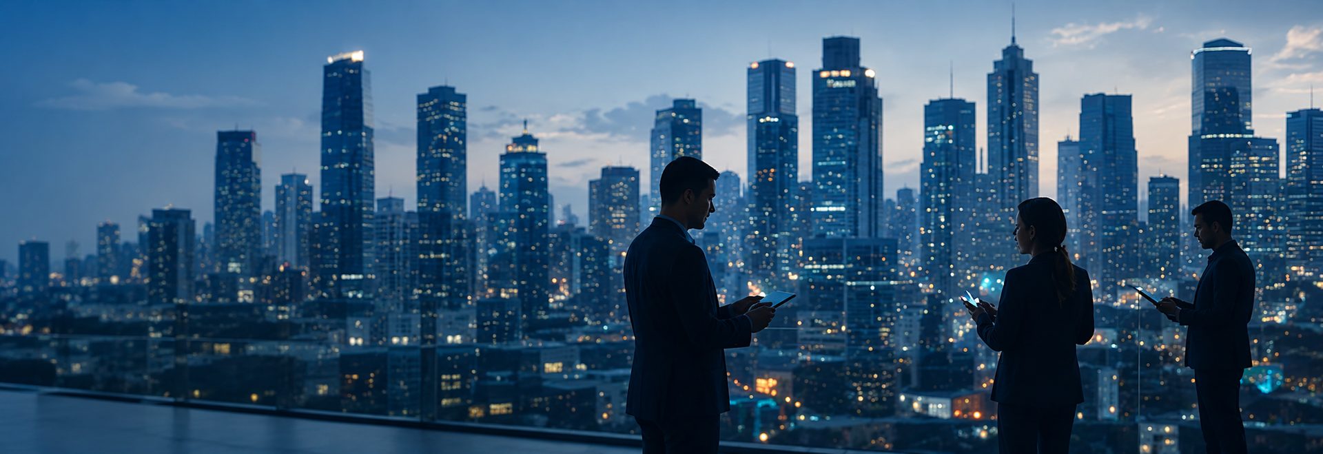 Profesionales con la ciudad de fondo